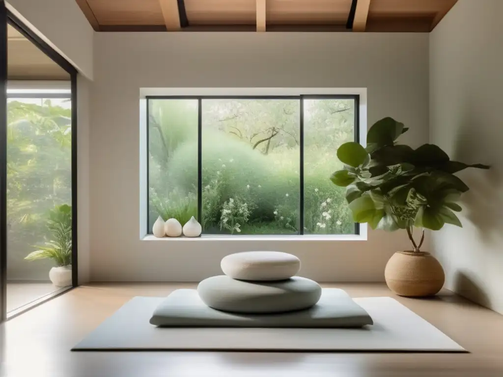 Tranquilo espacio de meditación Beneficios del mindfulness en admisiones universitarias: Sala de meditación minimalista y serena, con luz natural y vista al jardín pacífico