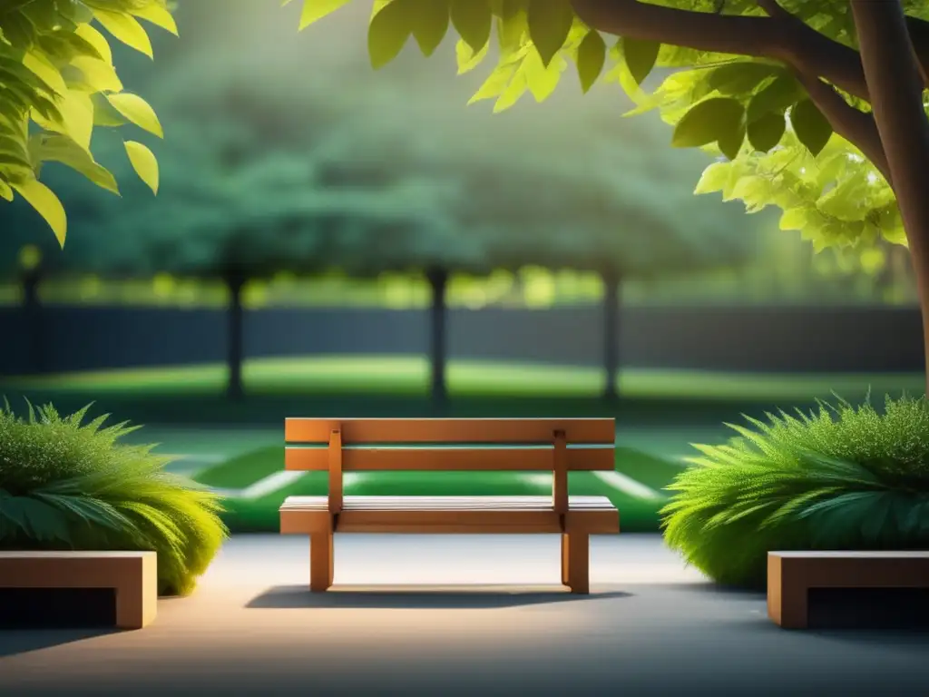 Un jardín tranquilo con banco de madera Beneficios del mindfulness en admisiones universitarias: Jardín tranquilo con banco de madera rodeado de vegetación