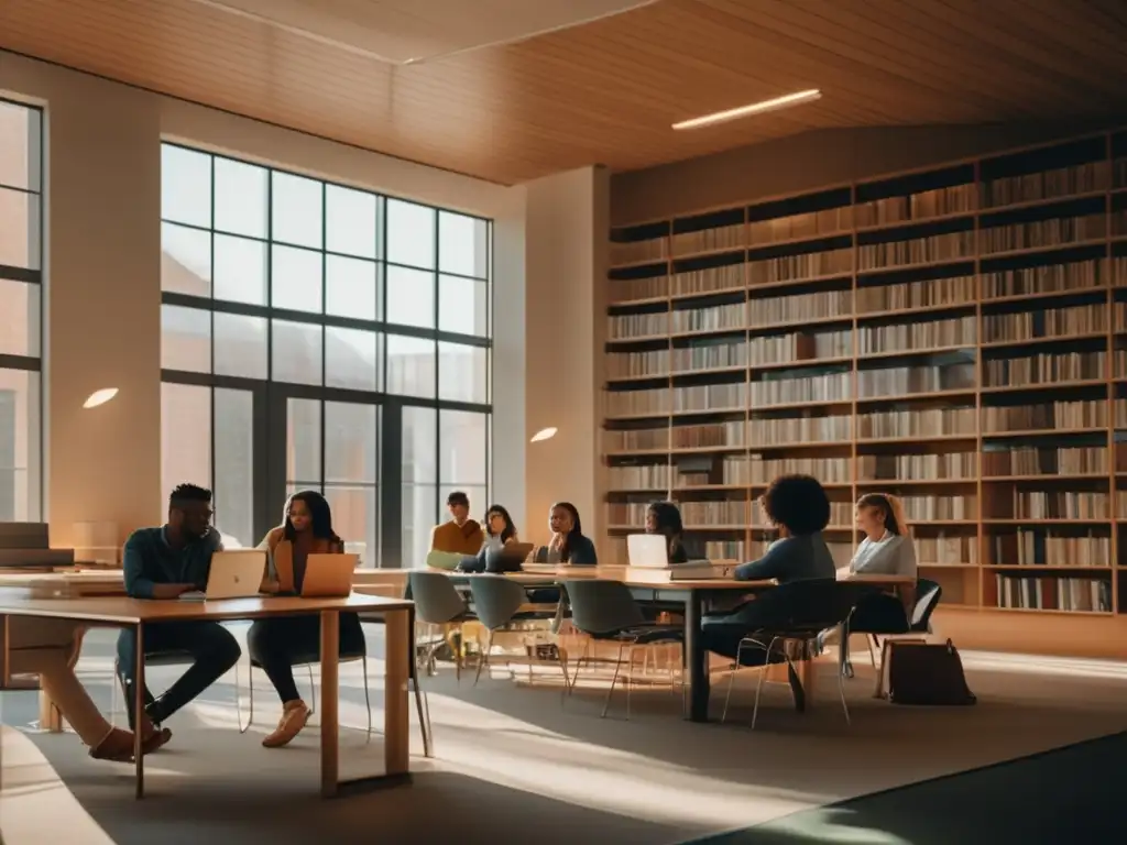 Estudiantes diversos en biblioteca universitaria Beneficios becas universitarias: estudiantes diversos estudian en biblioteca iluminada, desarrollando habilidades y reduciendo cargas económicas