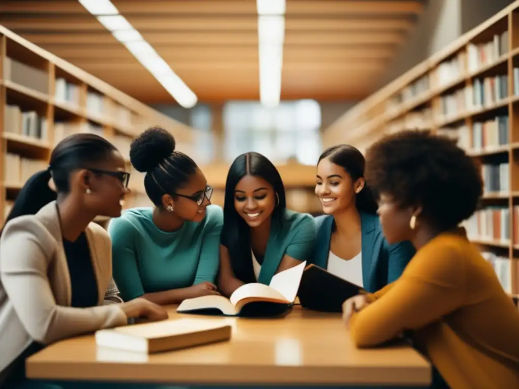 Estudiantes universitarios estudian en biblioteca Beneficios becas universitarias: estudiantes diversos enfocados en estudios en biblioteca con libros simbolizando conocimiento y oportunidad