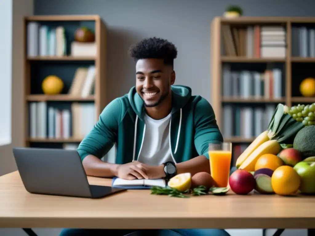 Estudiante universitario enfocado y saludable en espacio de estudio Beneficios de la alimentación deportiva para el rendimiento universitario
