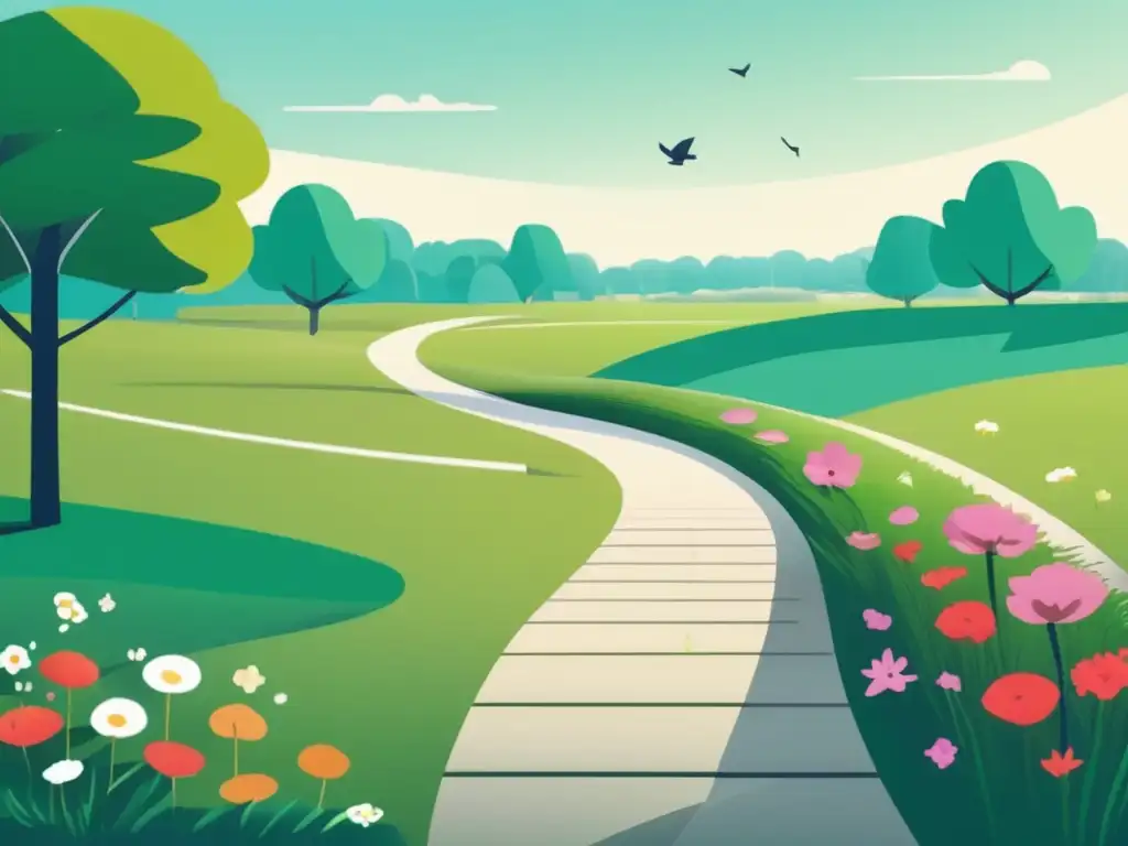 Parque sereno con sendero y figura solitaria Beneficios del ejercicio en admisiones universitarias: imagen de un parque sereno con un camino verde rodeado de flores, una persona corriendo