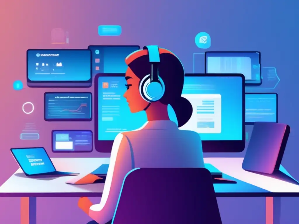 Estudiante inmerso en aprendizaje online Beneficios del examen de admisión online: persona atenta en escritorio futurista rodeado de pantallas digitales con contenido educativo