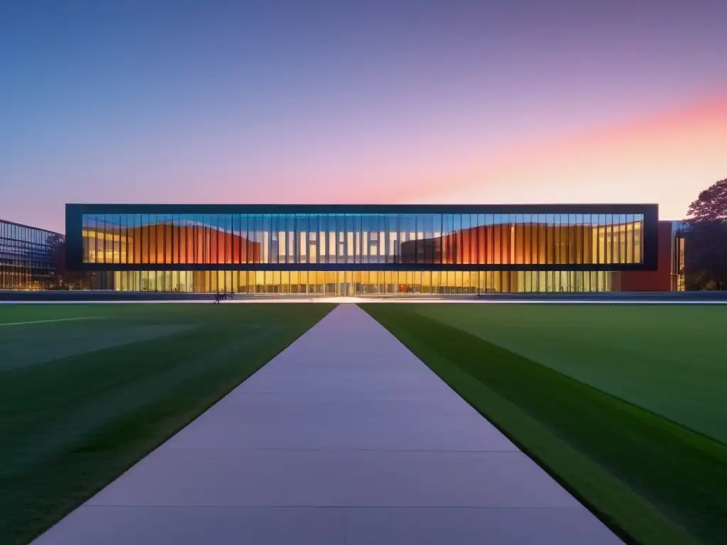 Universidad moderna al atardecer Beneficios de la IA en admisiones universitarias: Campus universitario moderno al atardecer, iluminado por luces cálidas y estudiantes entusiastas