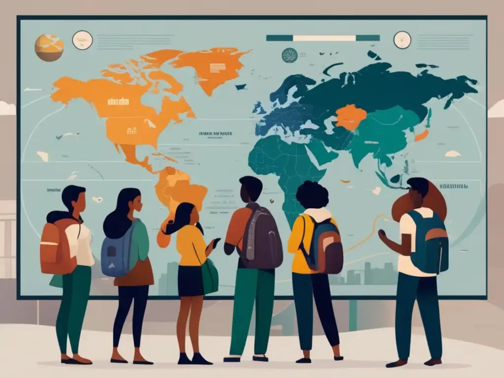 Estudiantes internacionales frente al mapa mundial Beneficios intercambio estudiantes: grupo diverso frente a mapa mundi, conexión global y crecimiento personal