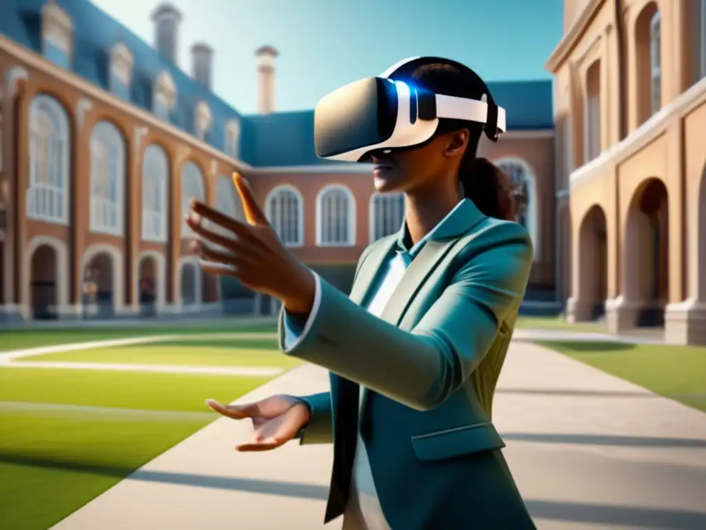 Experiencia de realidad aumentada en campus universitario Beneficios realidad aumentada en tours universitarios: candidato inmerso en VR interactúa con elementos virtuales en campus