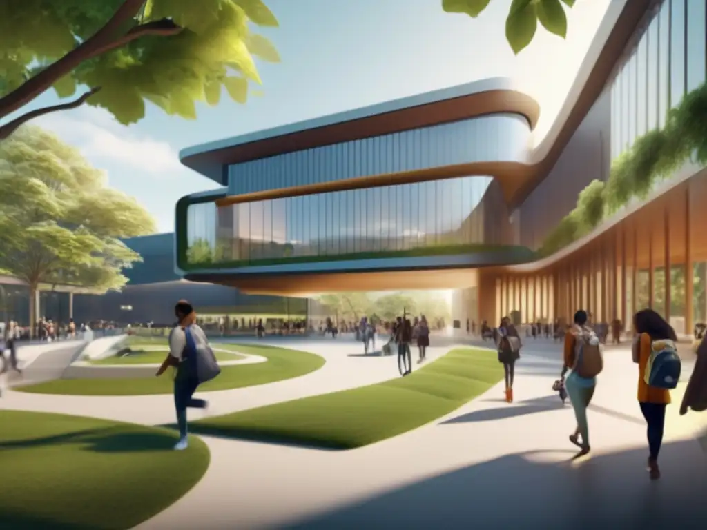 Experiencia AR en tours universitarios Beneficios de la realidad aumentada en tours universitarios: campus futurista, estudiantes interactuando con AR, información holográfica