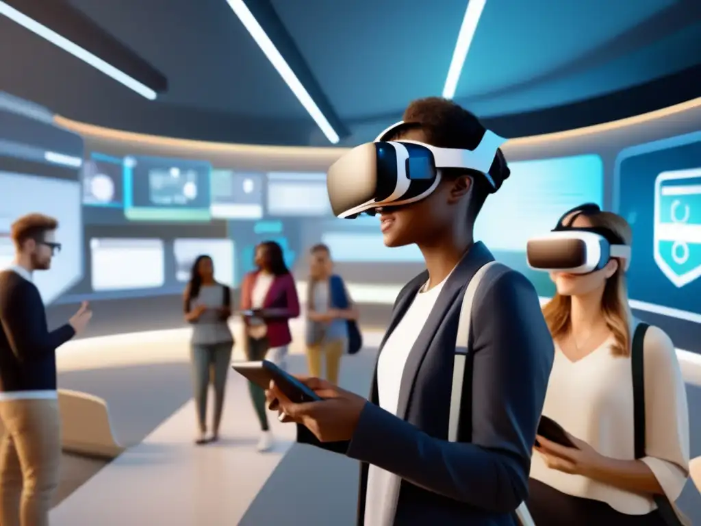 Estudiantes interactuando con VR en recorridos universitarios Beneficios de realidad aumentada en tours universitarios con estudiantes interactuando en entorno virtual