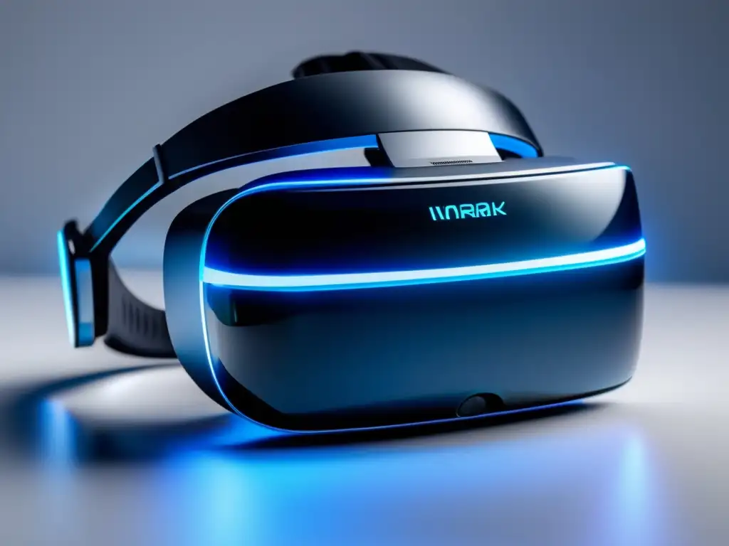 Headset VR futurista en superficie blanca Beneficios Realidad Virtual Exámenes Admisión: VR headset futurista, diseño moderno, detalles precisos