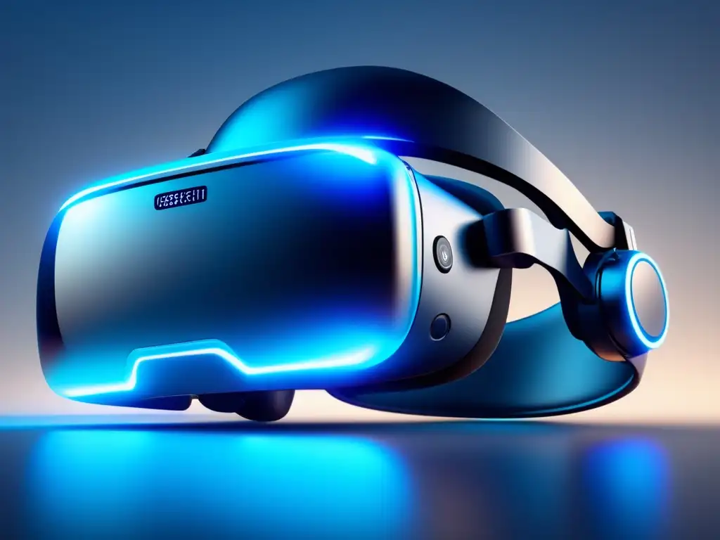 Headset de realidad virtual suspendido con brillo azul Beneficios de VR en tours universitarios: auriculares suspendidos en aire, con brillo azul y diseño minimalista, sobre fondo degradado azul
