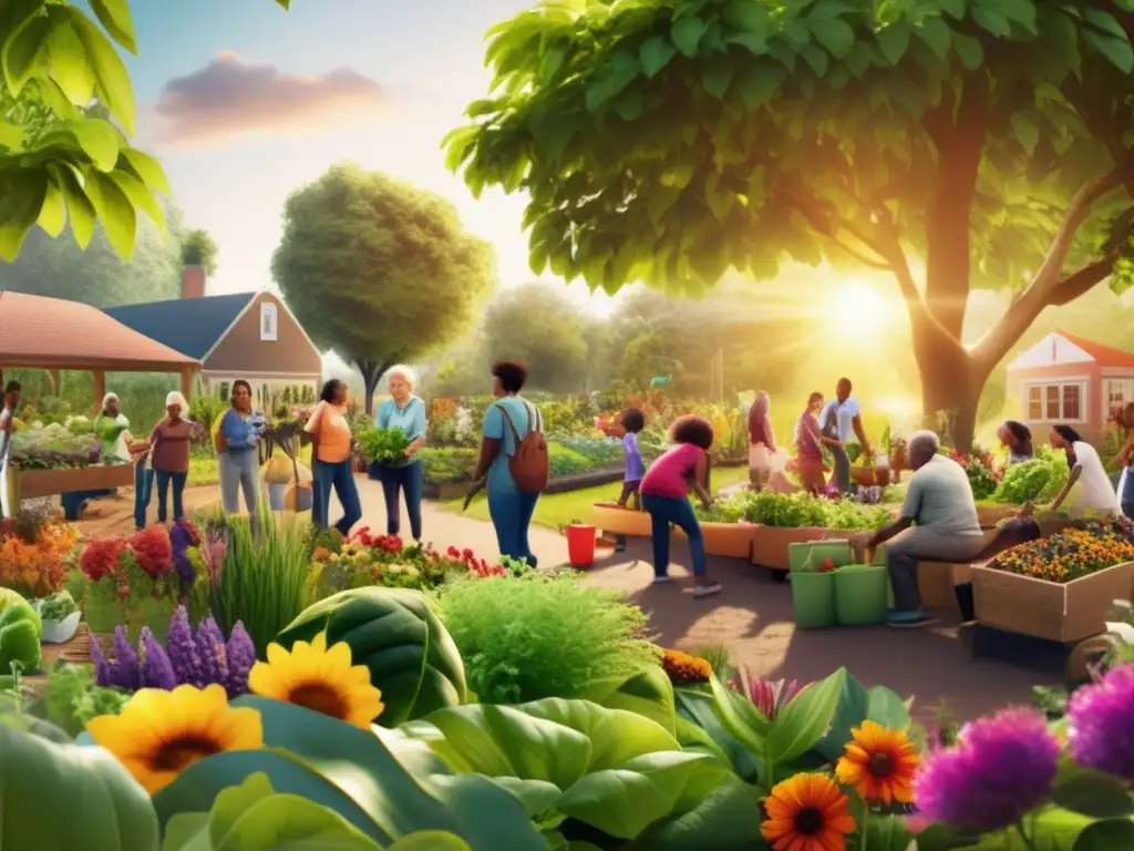 Unidad y colaboración en un jardín comunitario Beneficios de trabajo comunitario universitario en un jardín vibrante y diverso