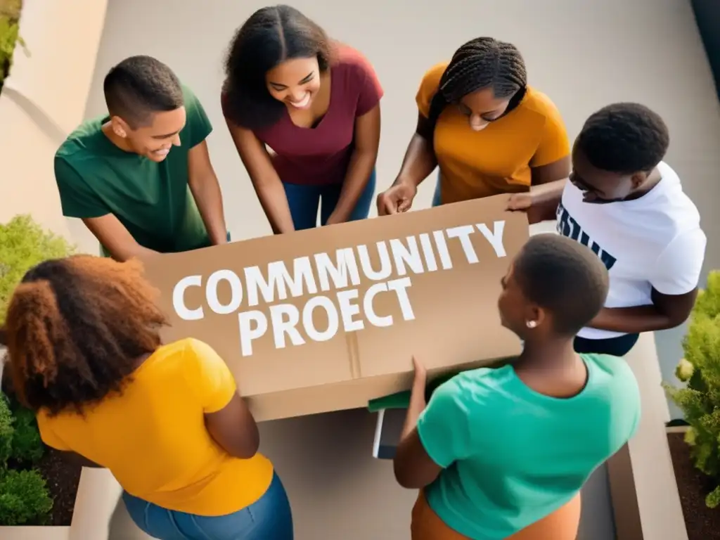 Estudiantes universitarios unidos en servicio comunitario Beneficios de trabajo comunitario universitario: Estudiantes diversos trabajan juntos para mejorar su comunidad