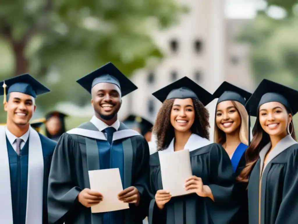 Graduados diversos celebran logros Beneficios acción afirmativa en graduación universitaria: graduados diversos en togas sosteniendo diplomas y sonriendo, fondo blanco