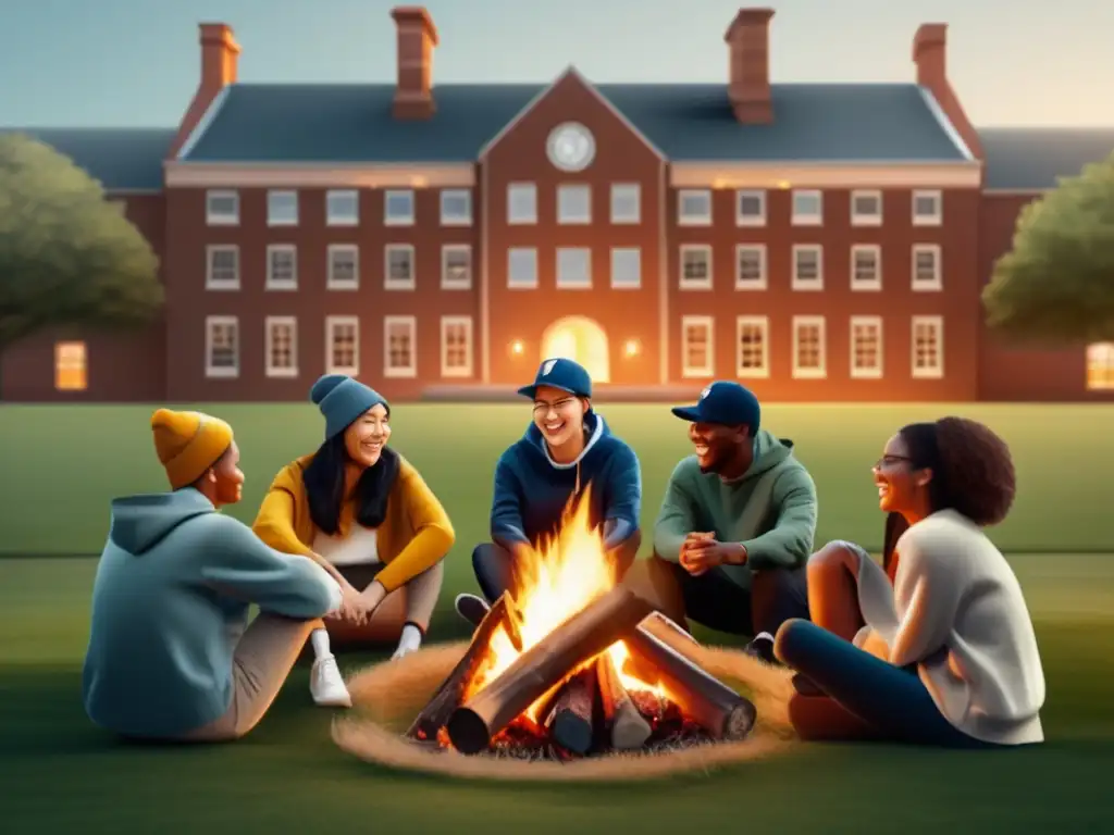 Estudiantes universitarios reunidos alrededor de una hoguera en el campus Beneficios vida universitaria: estudiantes en reunión alrededor de fogata en campus pintoresco, mostrando camaradería y orgullo institution