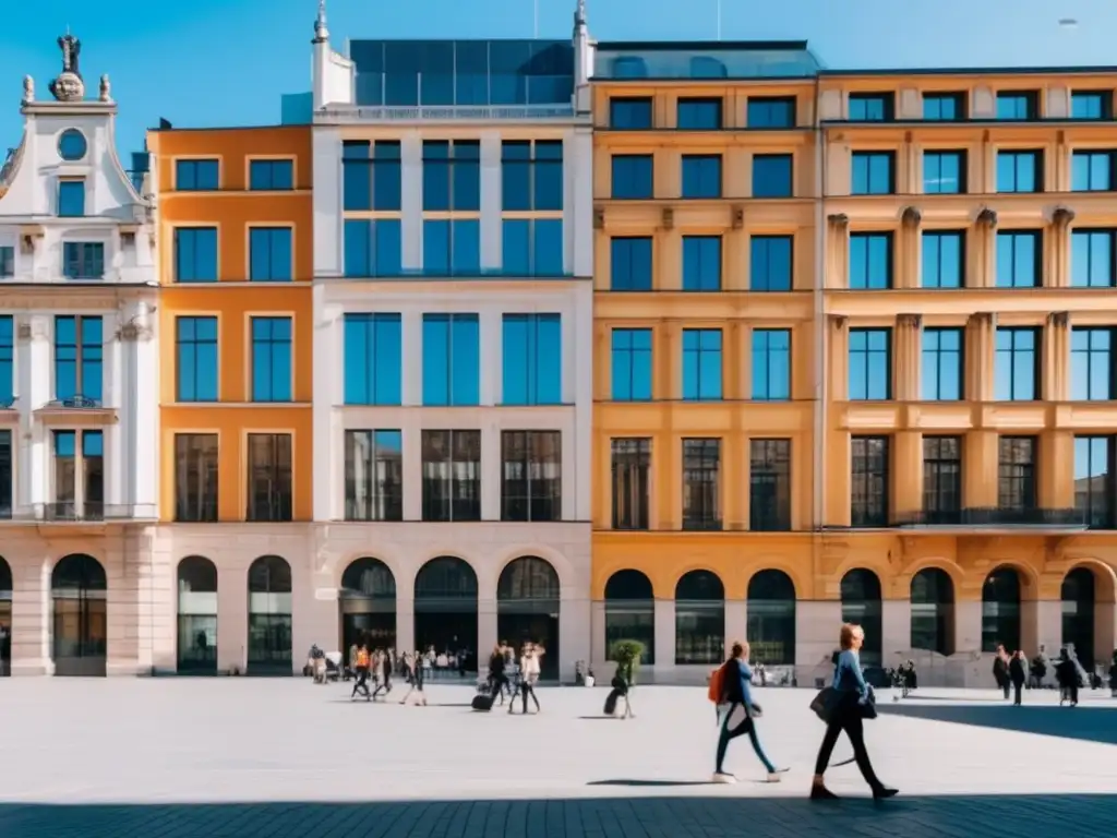 Ciudad europea vibrante durante el día Beneficios del voluntariado universitario europeo: ciudad vibrante, arquitectura moderna y tradicional, parques verdes y estudiantes caminando