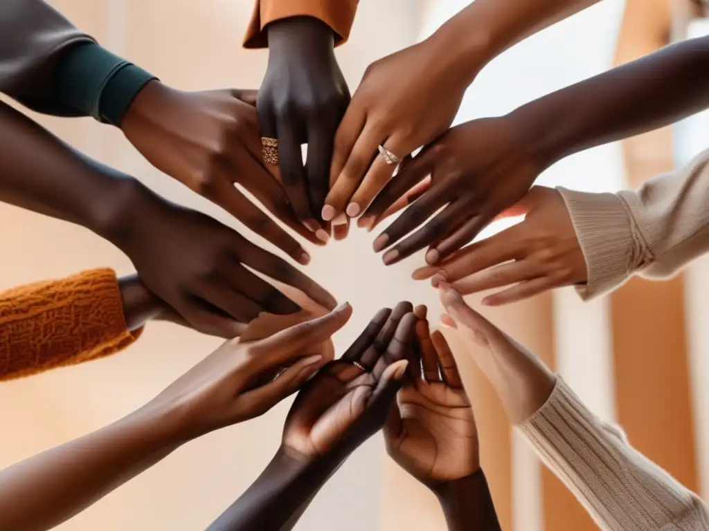 Unión de manos diversas en círculo Beneficios del voluntariado universitario europeo: Manos diversas entrelazadas en círculo, simbolizando unidad y colaboración