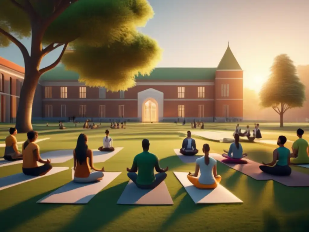 Universidad tranquila al amanecer con estudiantes practicando yoga Beneficios del yoga para estudiantes: Escena minimalista en una universidad al amanecer con estudiantes practicando yoga