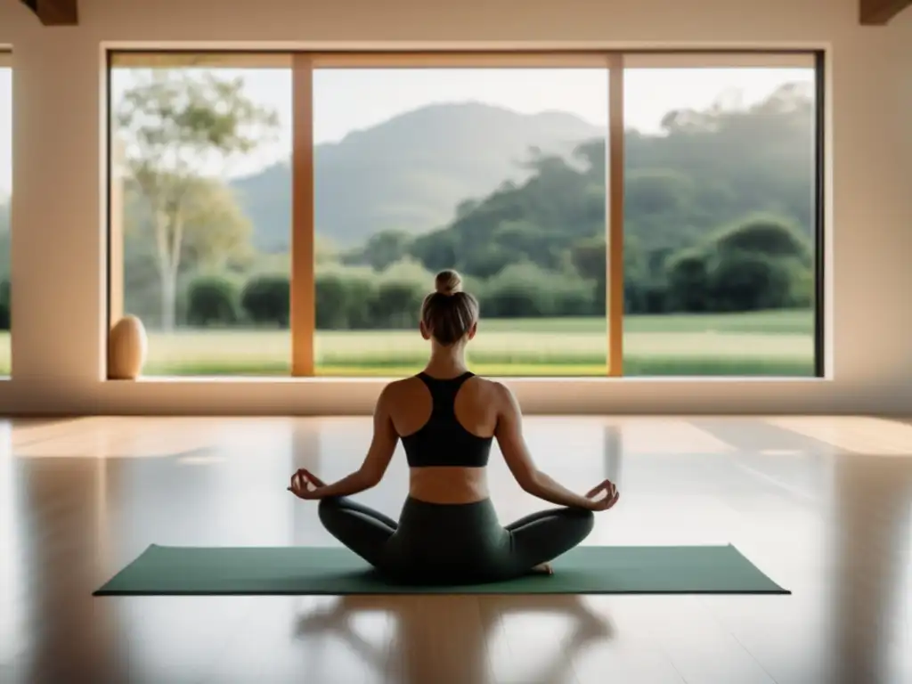 Espacio de yoga minimalista y relajante Beneficios del yoga para estudiantes universitarios en un estudio minimalista y moderno, con vistas a un paisaje verde sereno