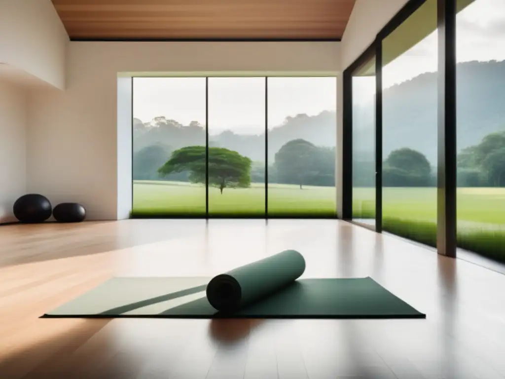 Estudio de yoga sereno con vista al paisaje verde Beneficios del yoga para estudiantes universitarios en un estudio minimalista y moderno