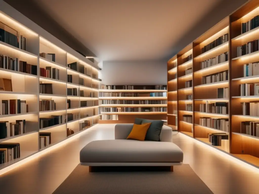 Biblioteca moderna con estanterías blancas y libros coloridos Biblioteca moderna con estanterías blancas llenas de libros organizados
