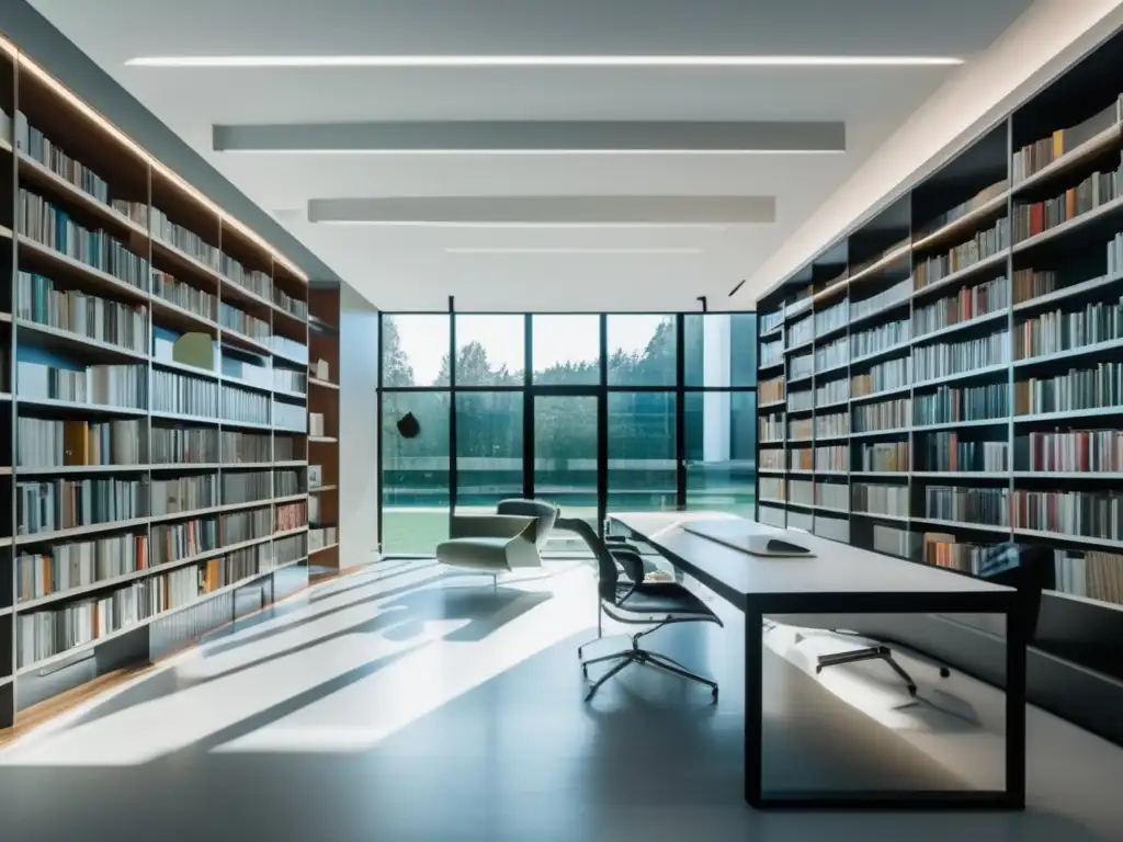 Biblioteca moderna con luz natural y escritorio Biblioteca moderna con luz natural y libros organizados