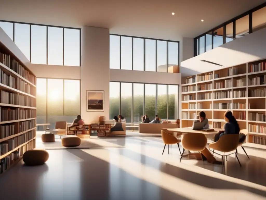 Biblioteca moderna con luz natural y estudiantes concentrados Biblioteca moderna y minimalista con estudiantes estudiando en un ambiente sereno y enfocado