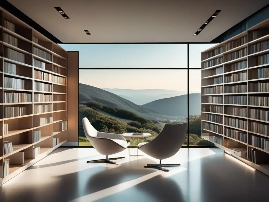 Biblioteca moderna con vista panorámica Biblioteca moderna con ventanales y paisaje impresionante - Métodos de comprensión lectora universitaria