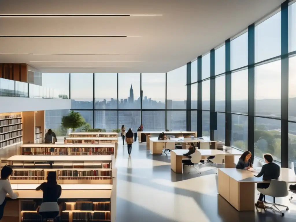 Una biblioteca moderna con vista a la ciudad Biblioteca moderna con ventanales panorámicos que ofrecen una vista de la ciudad