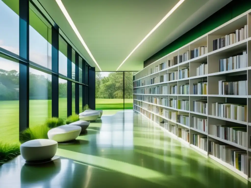 Biblioteca moderna con vistas a paisaje verde Biblioteca moderna con vistas a un paisaje verde