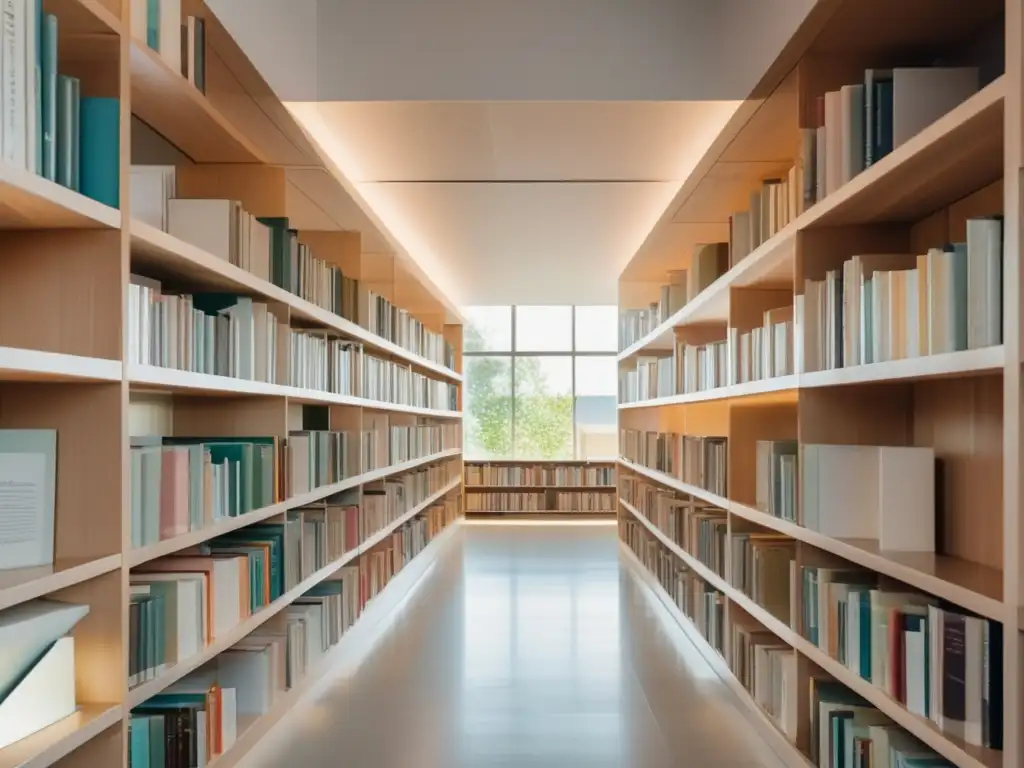 Biblioteca ordenada y minimalista Biblioteca organizada con libros en tonos pastel - Mejores consejos para ensayos universitarios