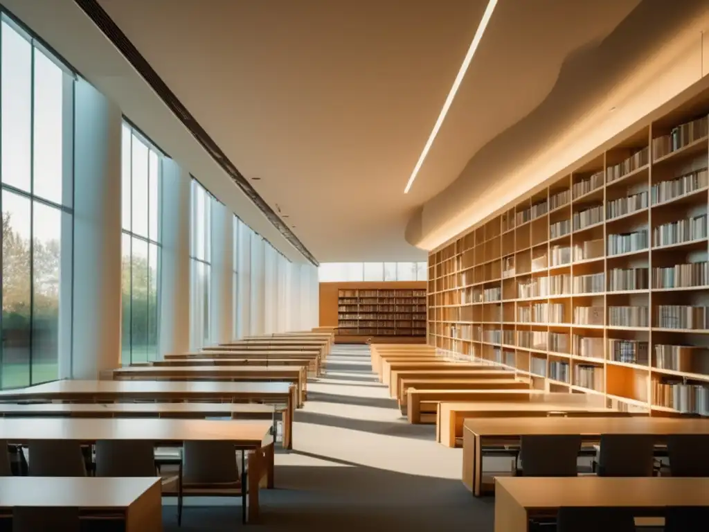 Biblioteca universitaria moderna y minimalista Biblioteca universitaria con recursos ocultos y ambiente sereno