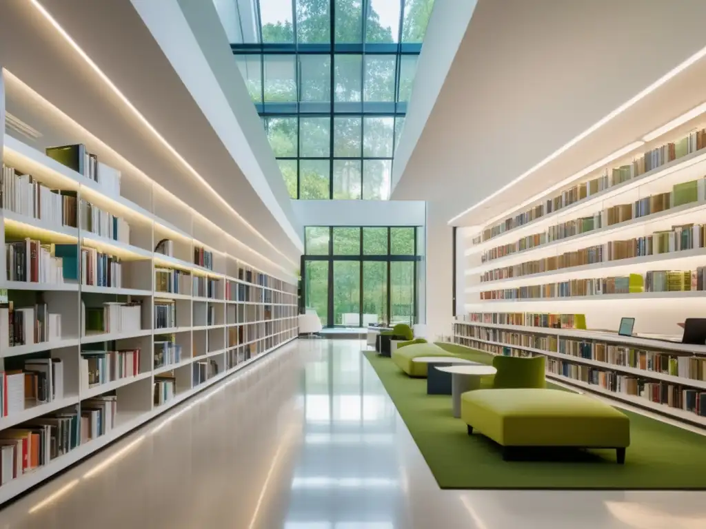 Biblioteca moderna con vista y ambiente tranquilo Biblioteca universitaria con recursos ocultos y ambiente sereno