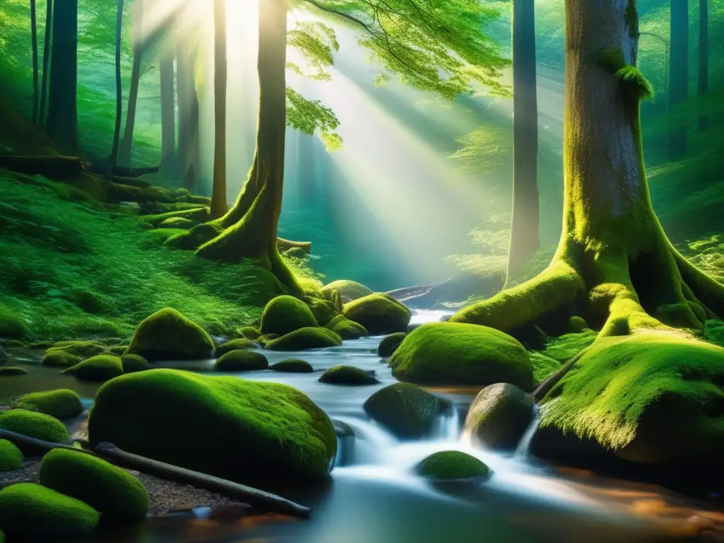 Bosque verde exuberante con luz solar filtrándose Bosque verde con luz solar filtrándose