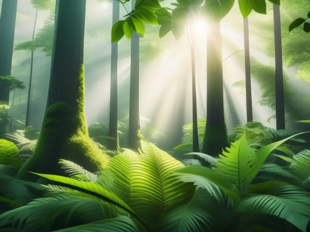 Bosque verde exuberante con rayos de sol filtrándose Bosque verde con luz solar filtrada, árboles majestuosos, follaje vibrante y atmósfera pacífica