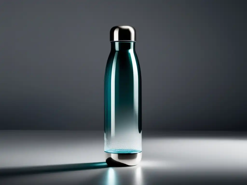 Botella de agua transparente y moderna Botella de agua moderna y elegante con agua clara y gotas resaltando su frescura y hidratación