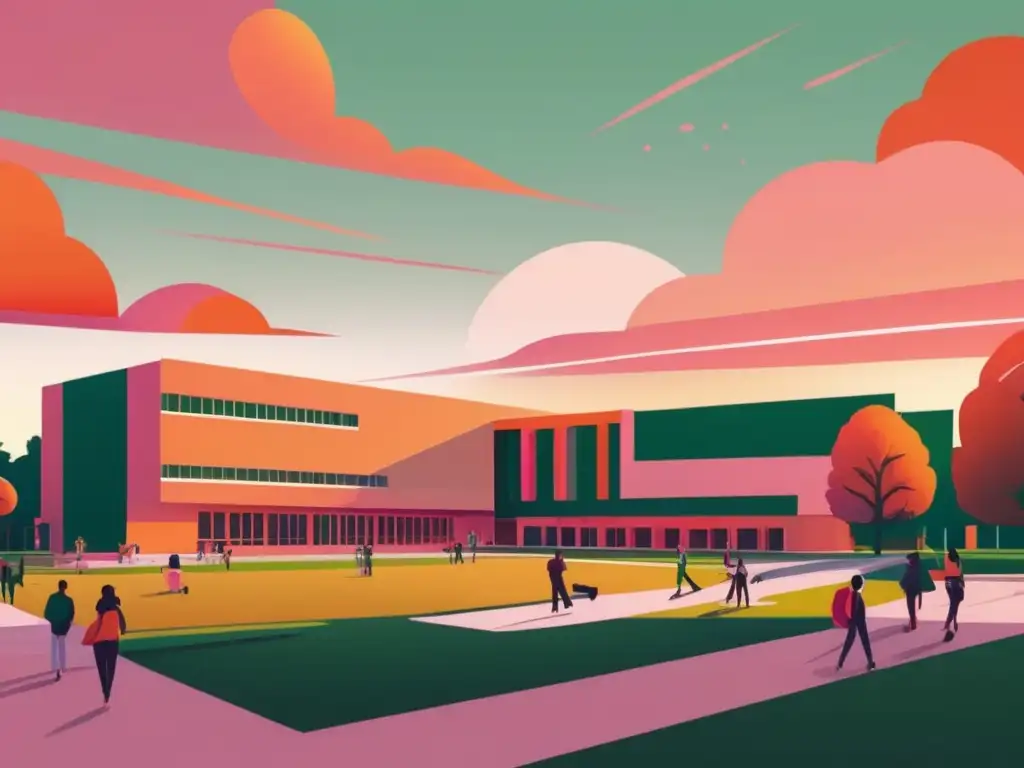 Campus universitario vibrante y moderno al atardecer Búsqueda de becas universitarias en un campus vibrante con estudiantes activos