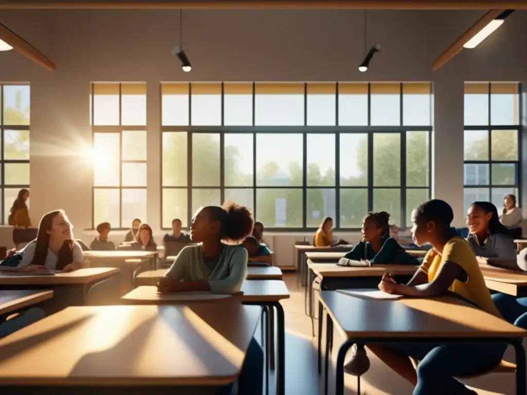 Educación de calidad en un aula moderna y vibrante Educación de calidad con estudiantes diversos en aula moderna y minimalista