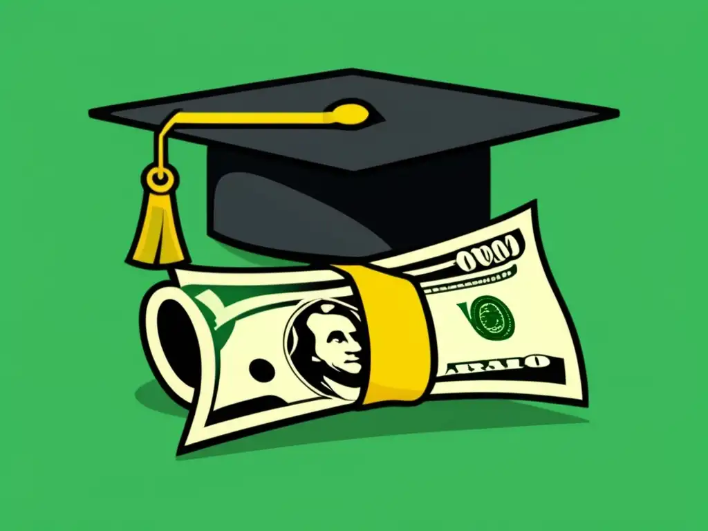 Cambio de carrera: cap y dinero Cambio de carrera y préstamos estudiantiles con imagen minimalista y moderna de una gorra de graduación y un montón de dinero entrelazados