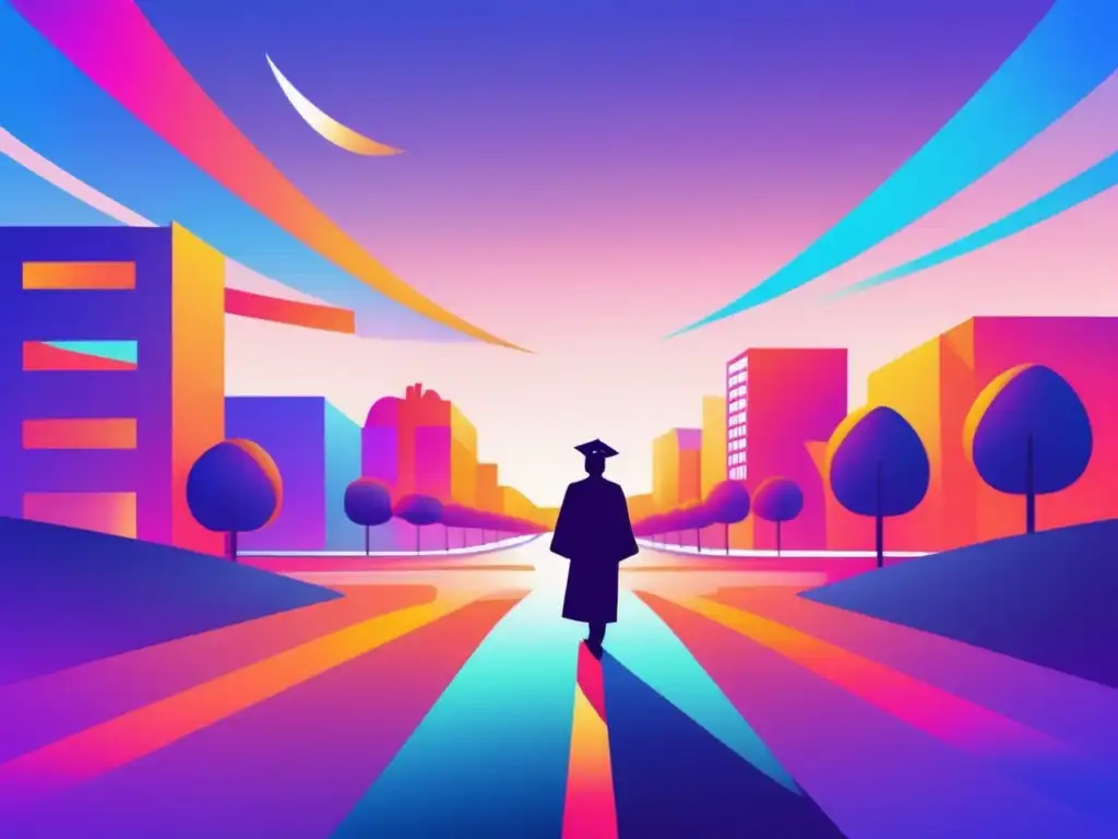 Transición universidad-trabajo: preparándose para el futuro Preparación para el cambio universitario: persona en cruce con camino a la universidad y al trabajo, vestida de graduación, fondo de colores vibrantes