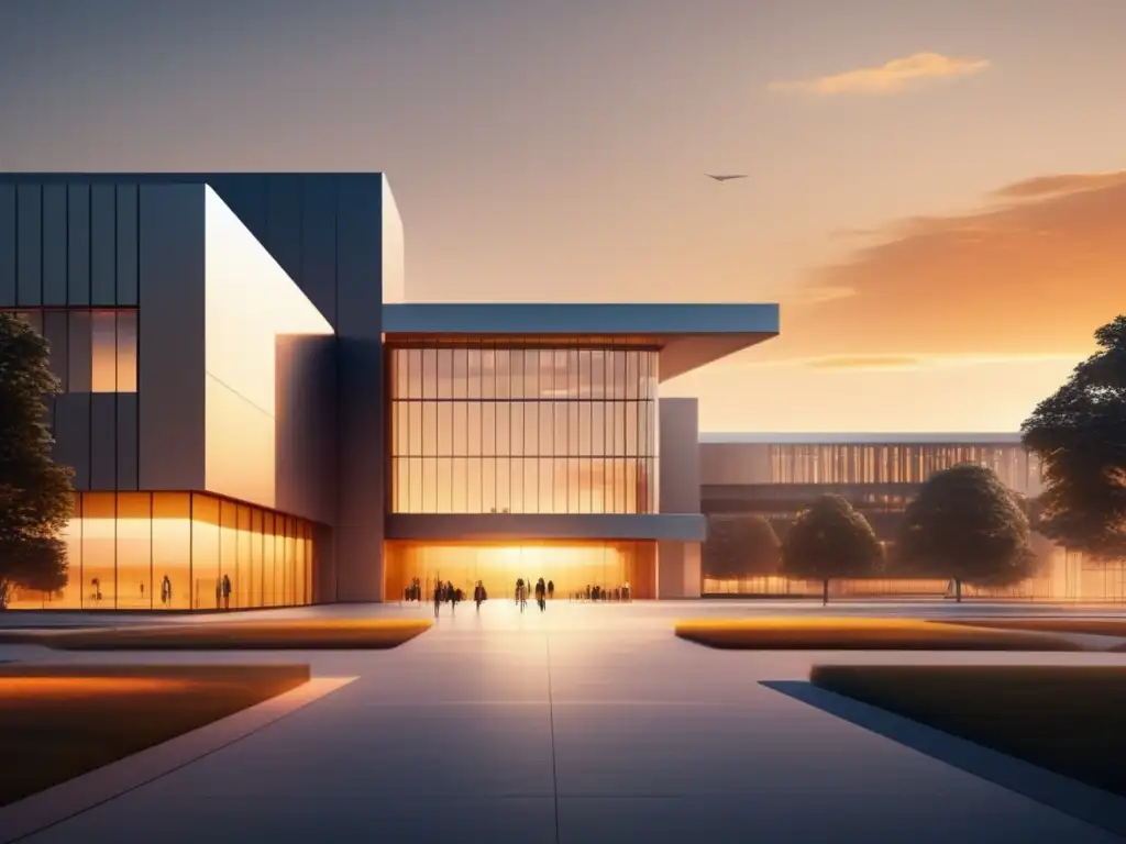 Campus universitario moderno al atardecer Cambios en admisiones universitarias por MOOCs - Campus universitario moderno y minimalista al atardecer, simbolizando innovación y progreso