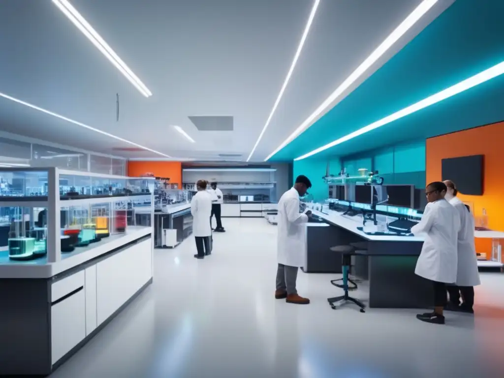Innovación en laboratorio STEM Cambios admisiones universitarias por revolución STEM: laboratorio futurista, estudiantes colaborando en experimentos