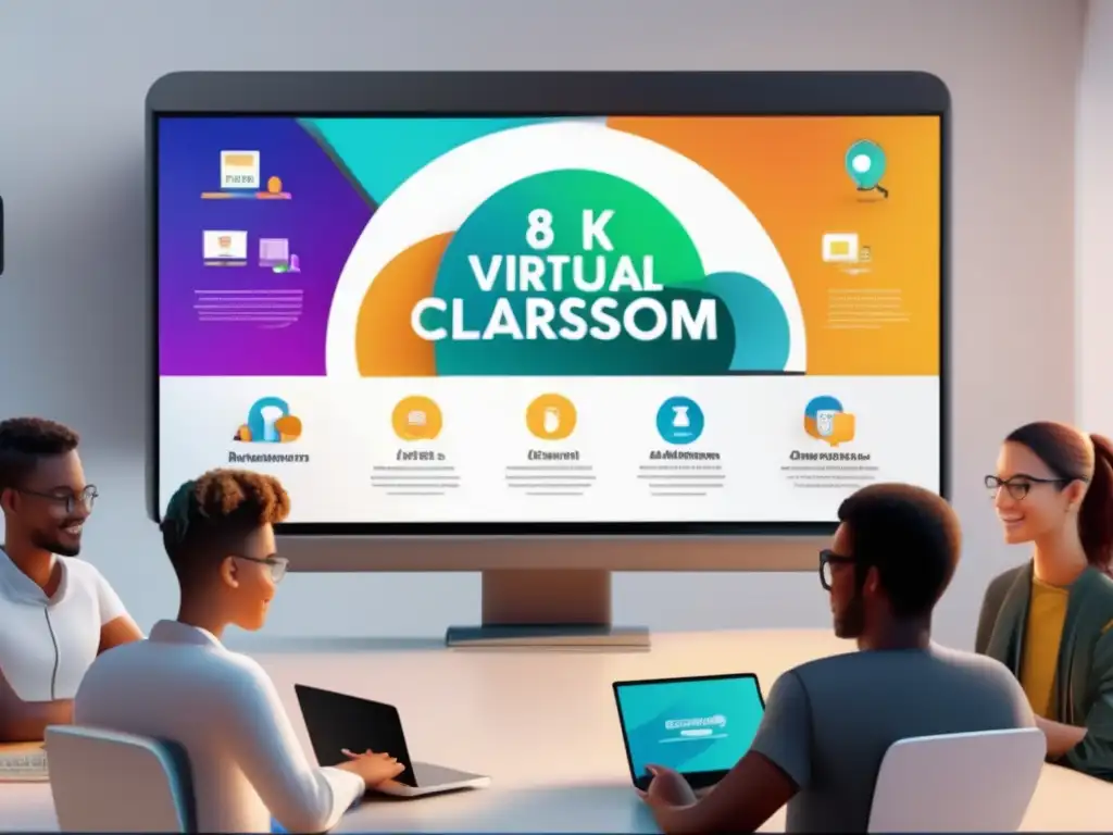 Aula virtual moderna con estudiantes diversificados Cambios en admisiones universitarias por educación en línea: aula virtual con estudiantes participando en diversas materias