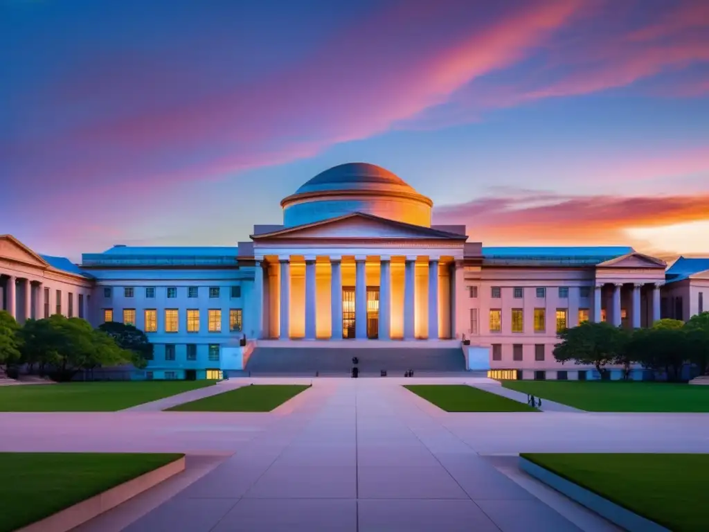 MIT al atardecer MIT campus al atardecer: arquitectura neoclásica, cielo vibrante, césped verde y guía de admisión universitaria MIT