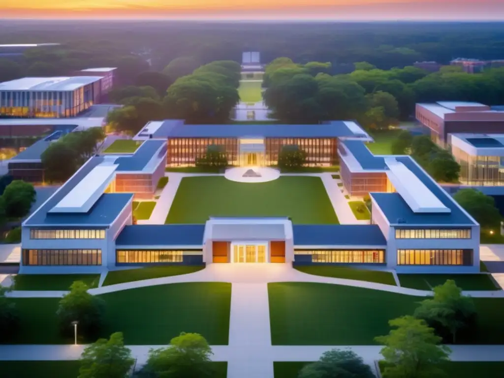 Campus universitario al atardecer Elección universidad: campus al atardecer con edificios modernos rodeados de vegetación, inspirando tranquilidad y enfoque