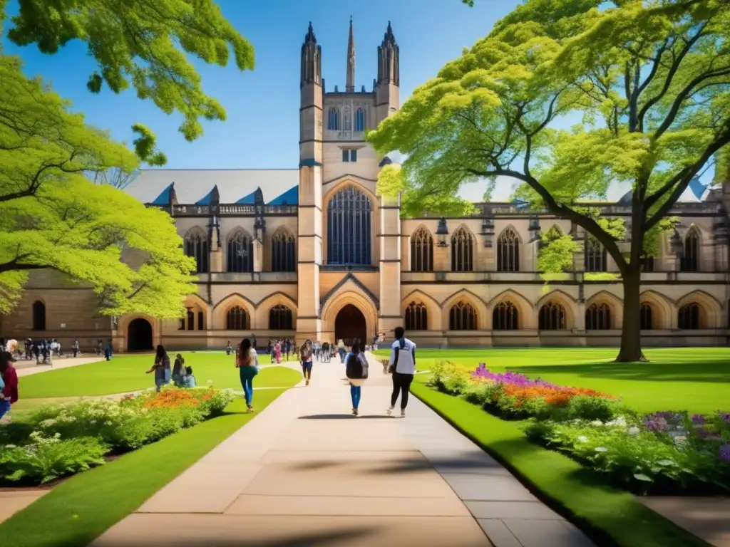 Campus histórico de Yale en un día soleado Campus histórico de Yale: arquitectura gótica, flores, estudiantes y cambios en admisiones universitarias