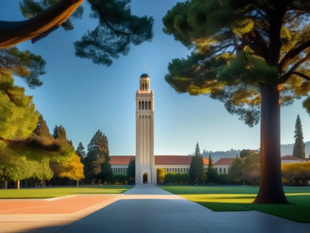 Campus universitario moderno con Torre Sather en UC Berkeley Campus moderno de la Universidad de Berkeley con la Torre Sather como punto focal