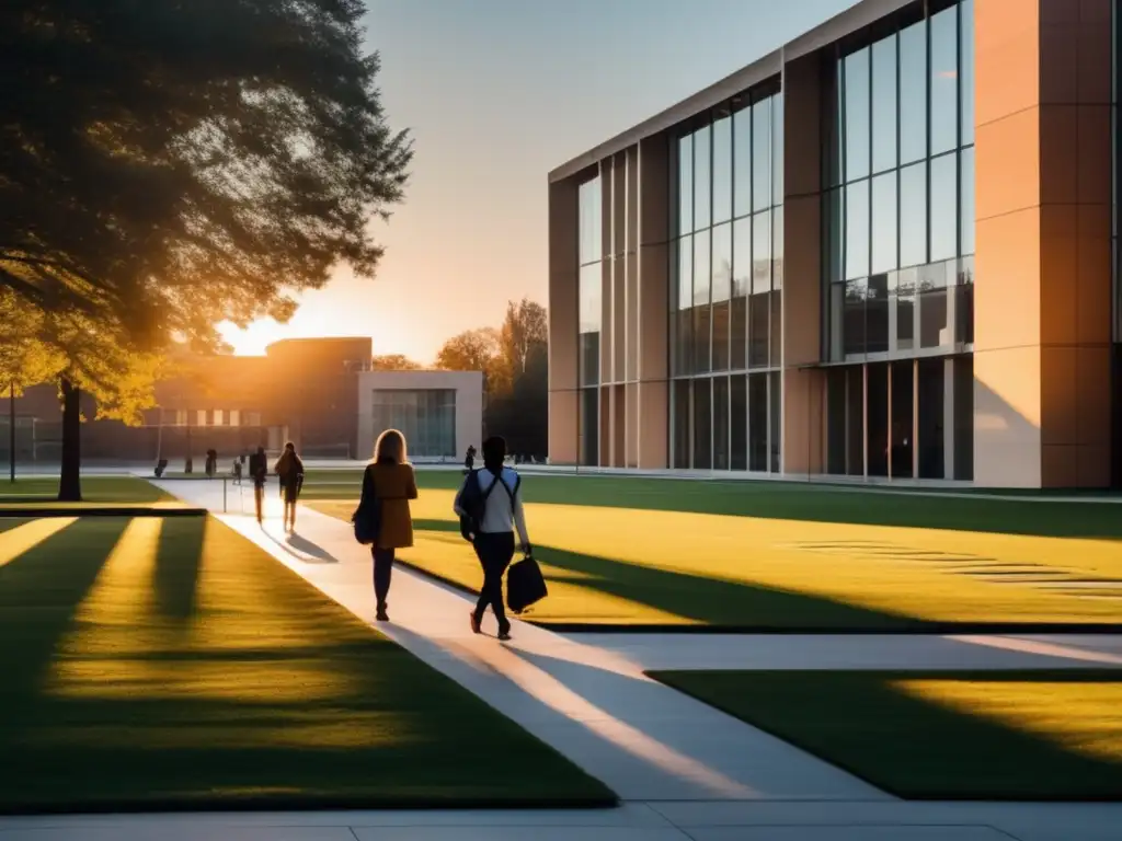 Campus universitario al atardecer Campus universitario con arquitectura contemporánea, estudiantes y señal