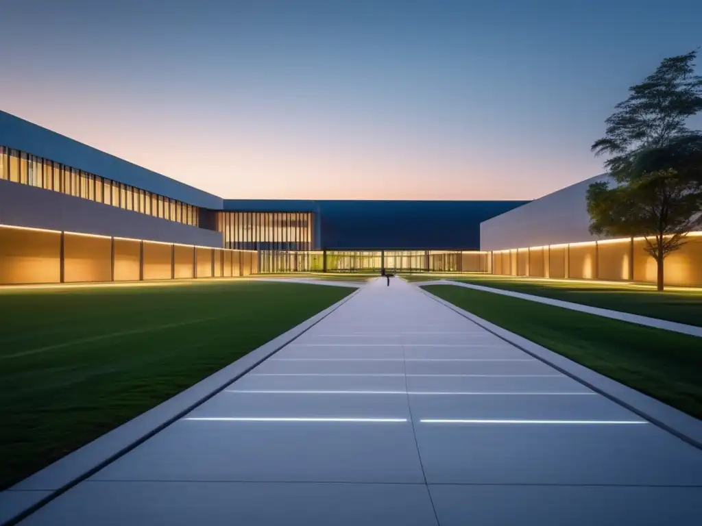Campus universitario al atardecer Campus universitario al anochecer, arquitectura moderna, iluminado por luces cálidas