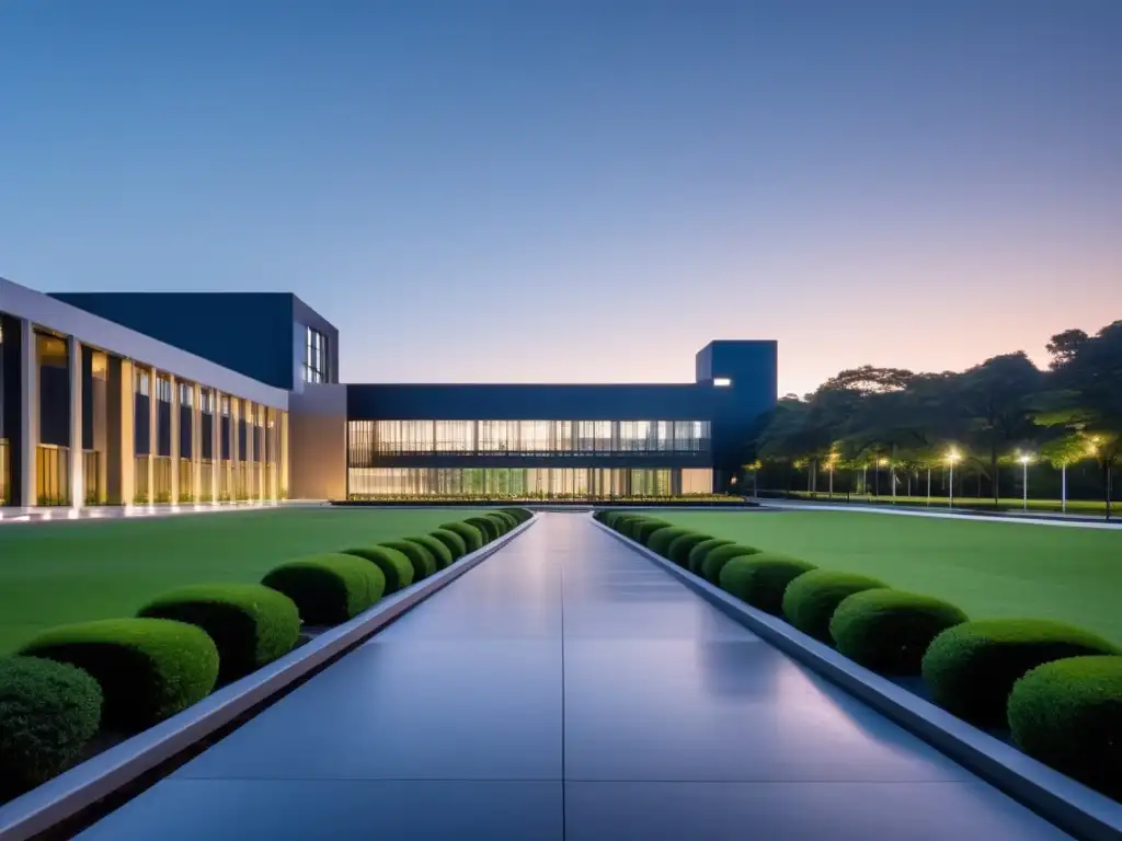Campus universitario iluminado al atardecer Campus universitario al anochecer con arquitectura moderna y estudiantes estudiando