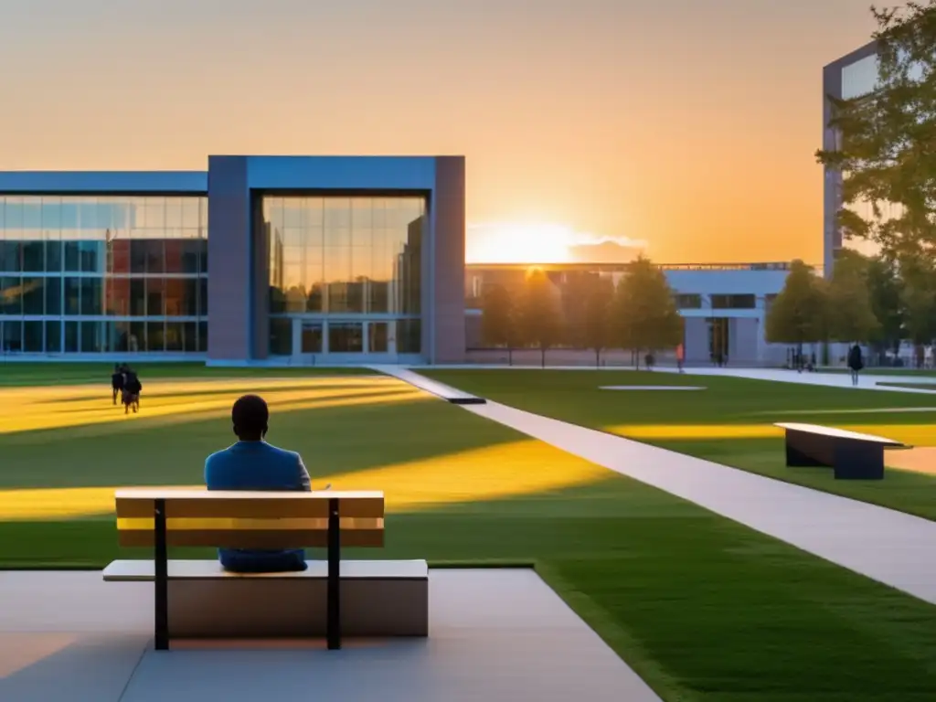 Universidad al atardecer con estudiante leyendo Campus universitario al atardecer: guía de admisiones universitarias